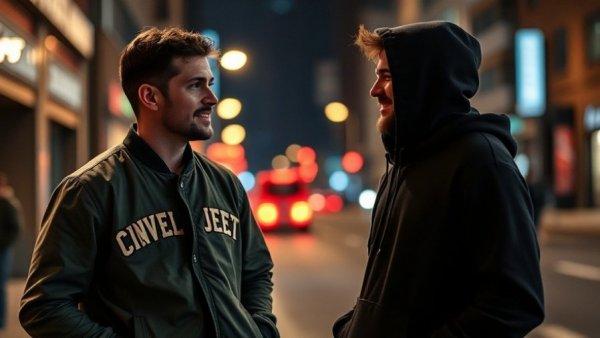 Casual street scene of two men in Denver at night, adding to urban entertainment.