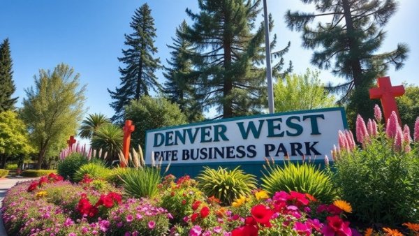 Colorful Denver West Business Park sign amidst lush greenery.