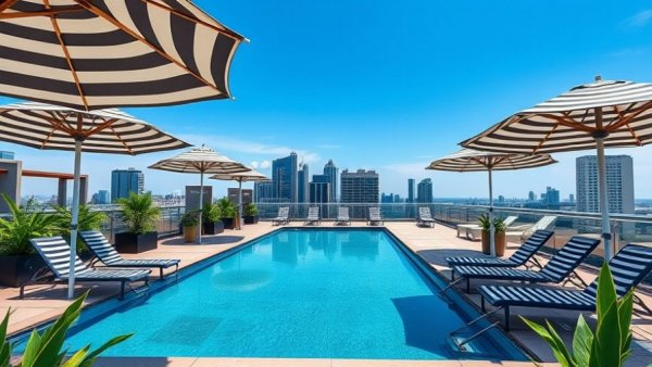 Denver business news: Rooftop pool with lounge chairs and umbrellas.
