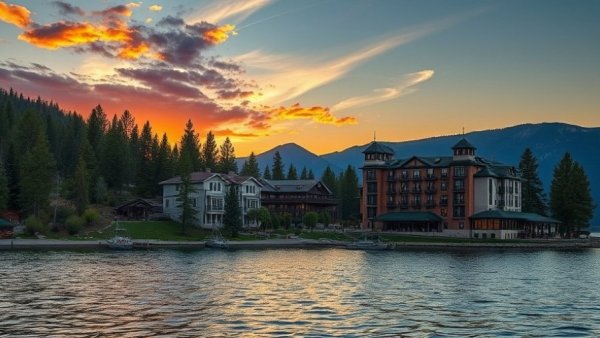 Luxurious hotel in Lake Tahoe at sunset with forest and mountains.