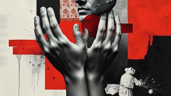 Abstract collage depicting 'quit gooning' concept with intertwined hands and thoughtful face.