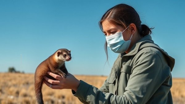 Woman releasing black-footed ferret for conservation on grassland.