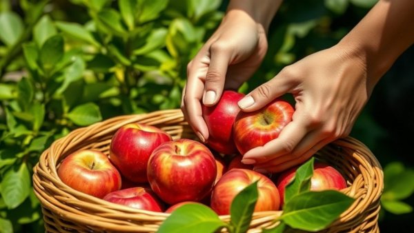 Hands picking red apples outdoors in bright sunlight.