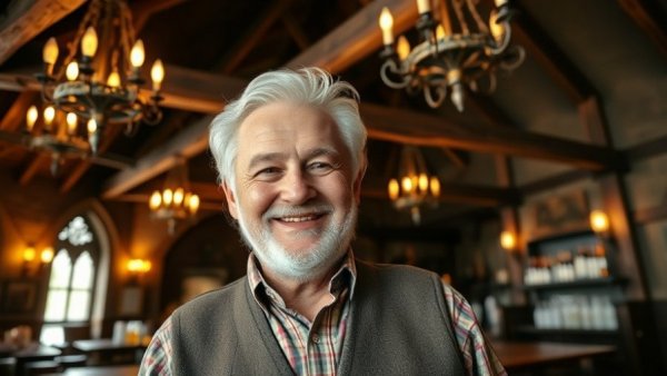 Man in a medieval mead bar in Denver with wooden beams and chandeliers.
