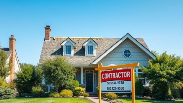 Suburban house under roof repair with contractor sign, sunny day.