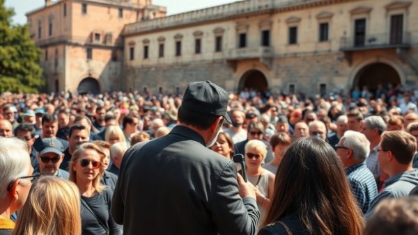 Public event in Denver with audience gathered, sunny city backdrop.
