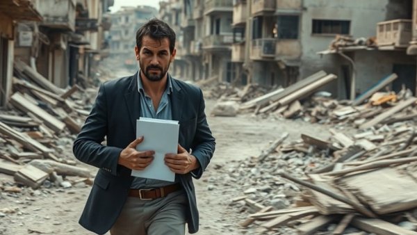 Man in debris-strewn area, carrying papers in Ukraine.