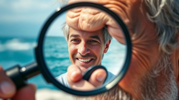 Unique perspective of man viewing past self through magnifier.