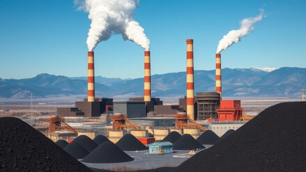 Expansive coal power plant with steam chimneys and mountains, Colorado.