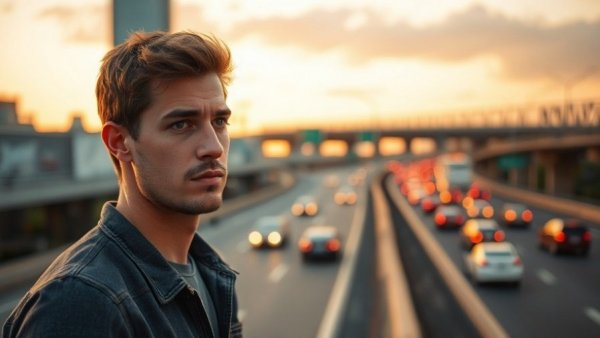 Thoughtful man near Denver highway at sunset, reflecting local news.