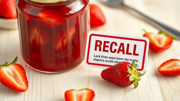 Strawberry jam recall warning; jar with alert sign.