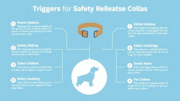 Flowchart on safety release dog collar triggers in blue and white.