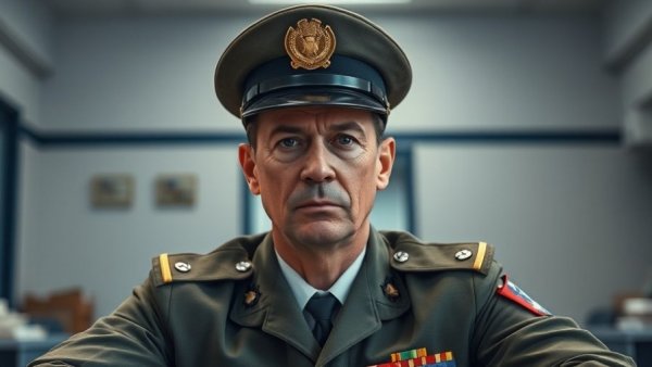 Mature man in military setting discussing peace proposal.