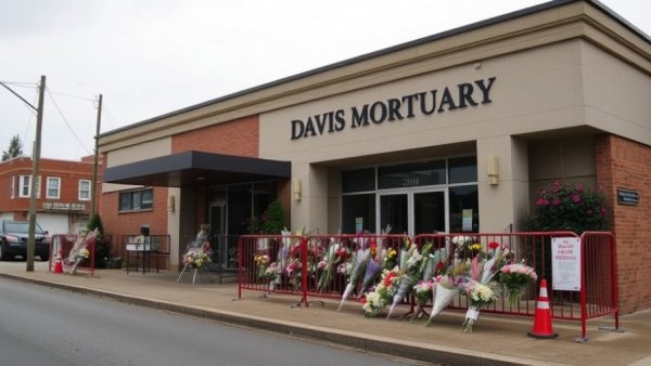 Exterior of Davis Mortuary with flowers and barricades, Davis Mortuary lawsuit memorial scene.
