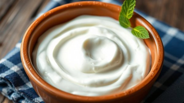 Greek yogurt in a terracotta bowl on a blue napkin. Greek Yogurt vs. Regular Yogurt