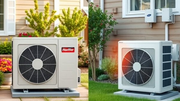 Modern heat pump vs central air conditioning units outside a home.