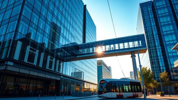 OpenAI office glass building with skybridge during tram passing.