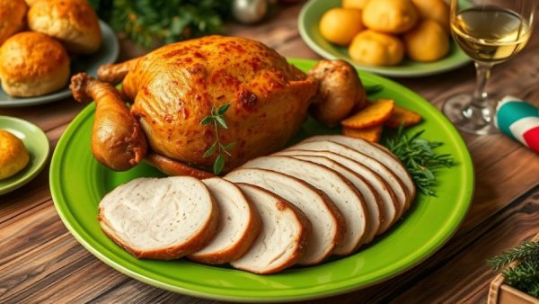 Thanksgiving turkey platter with sides on rustic table, Colorado.