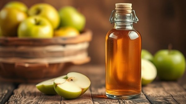 Apple cider vinegar in a glass bottle on wooden table.