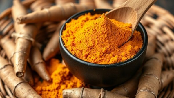 Vibrant turmeric powder in spoon and bowl, health benefits of turmeric.