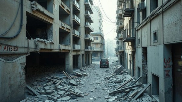 Damaged building in Israel Hezbollah conflict escalation.