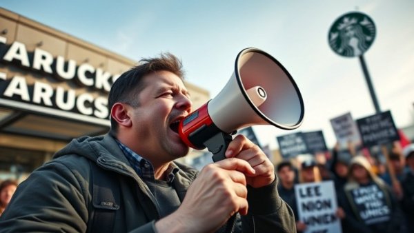 Starbucks Union Activity in Colorado protest scene with speaker and signs.