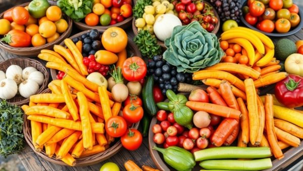 Vibrant display of organic vs inorganic food with fruits and vegetables.