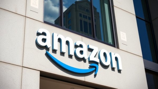 Close-up of Amazon logo on building, focusing on branding.