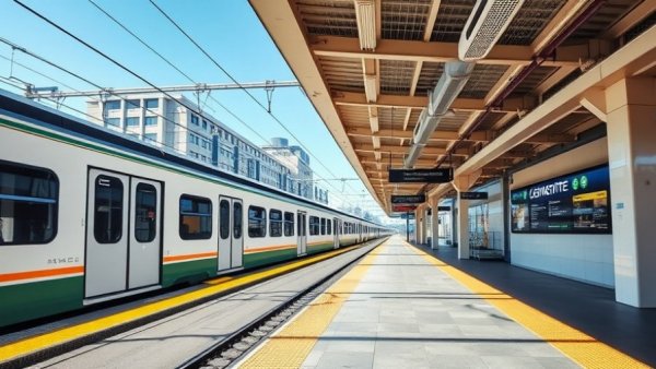 Empty train station platform in Denver, clear day with blue sky.
