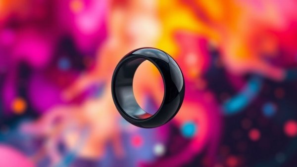Modern black smart ring with a vibrant abstract background