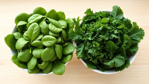 Spinach vs. Kale nutritional comparison: Fresh green leaves in white bowls on wooden table.