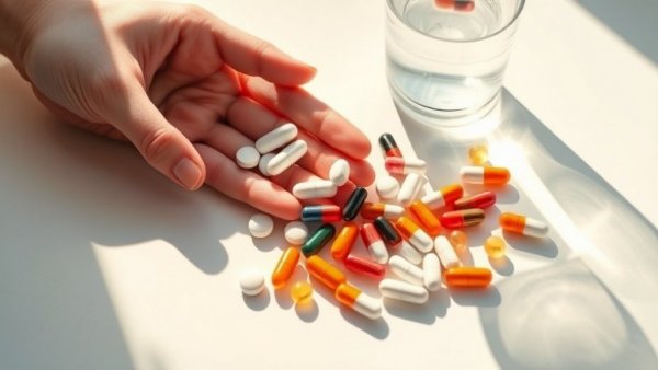 Various pills on table, potential medications that interfere with vitamin D absorption.