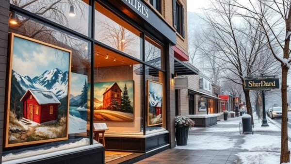 Meuse Gallery in Aspen showcasing colorful artwork reflecting winter.