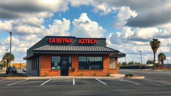 La Reyna Azteca restaurant building with sign and empty parking lot under cloudy sky.