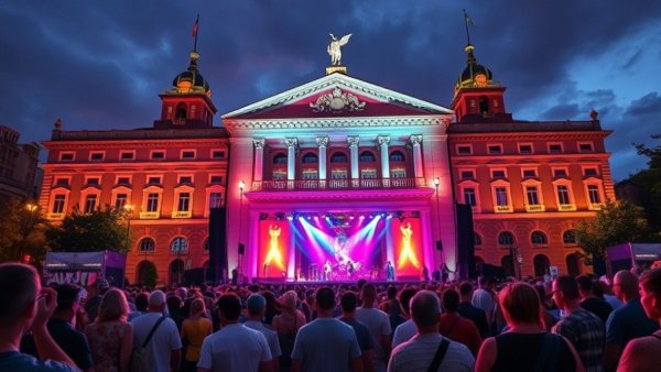 Vibrant Denver concert at illuminated city hall, evening sky backdrop.