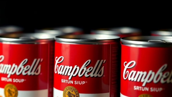 Close-up of Campbell's soup cans with iconic logo.