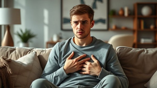 Concerned young man holding chest in living room, signs and symptoms of transthyretin amyloid cardiomyopathy.