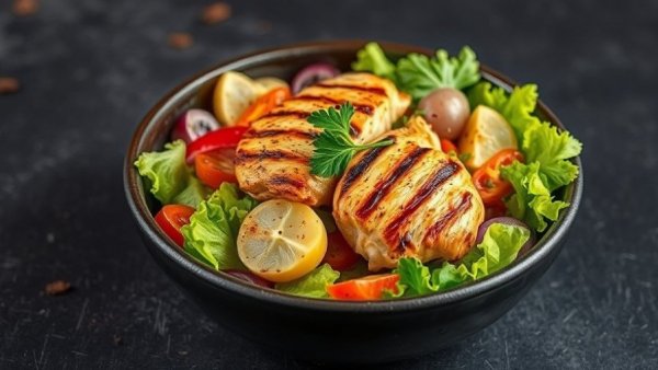 Grilled chicken salad bowl with fresh greens and vegetables, Foods That Help Keep Blood Sugar Stable.