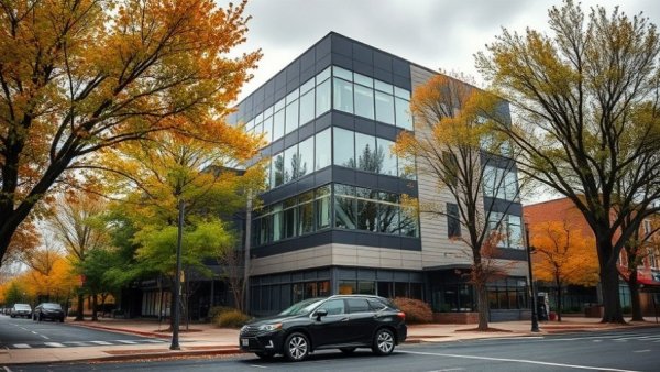 Modern Denver office building with parked car, cloudy day.
