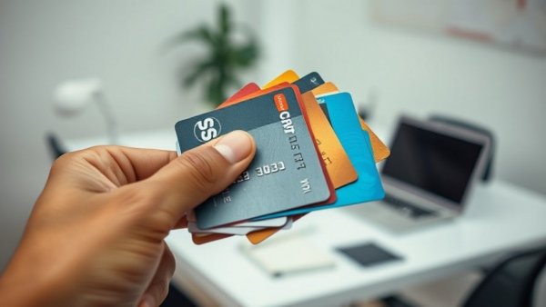 Close-up of various business credit cards for bad credit in an office.