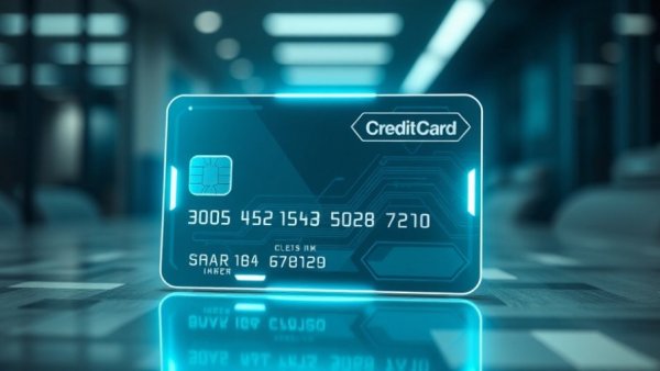 Futuristic credit card with holographic display for secure business.