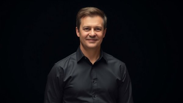 Confident businessman smiling in black shirt, dark background.