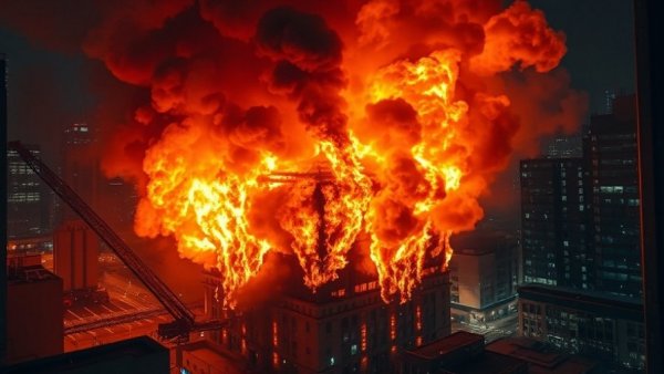 Hong Kong fire investigation scene with building blaze and smoke at night.