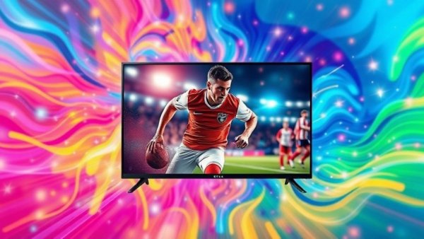 Colorful TCL TV display featuring a football player with vibrant abstract background - Best Buy early Black Friday deals.