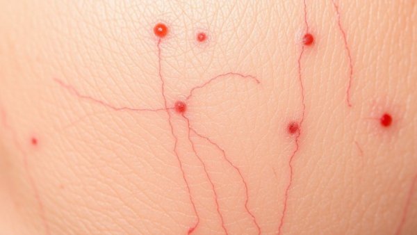 Close-up of telangiectasia on skin, showcasing vascular lines.