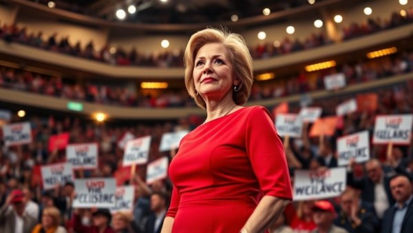 Confident woman at Tina Peters Colorado rally, vivid atmosphere.