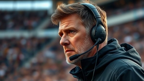 CSU football coach Jim Mora wearing headset on sideline.