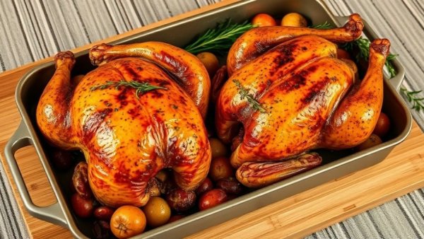 Roasted chickens with garnishes on striped tablecloth, Turkey vs Chicken protein fat nutrients.