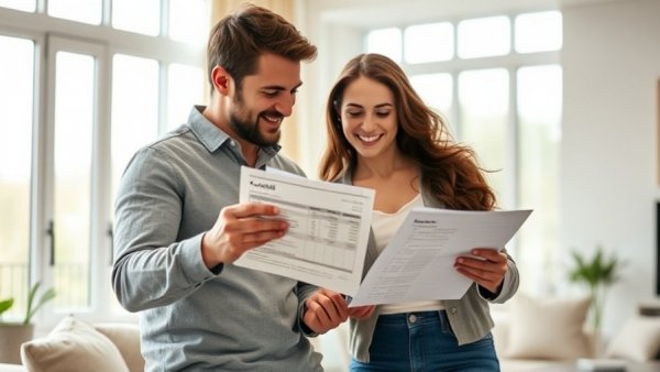 Happy couple exploring rewards on mortgage payments in living room.
