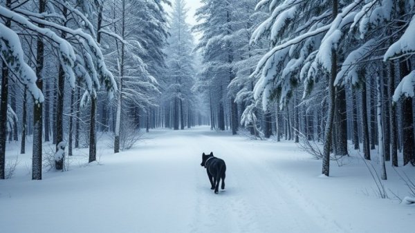 Tranquil Colorado winter snow scene featuring snowy forest path with dog.